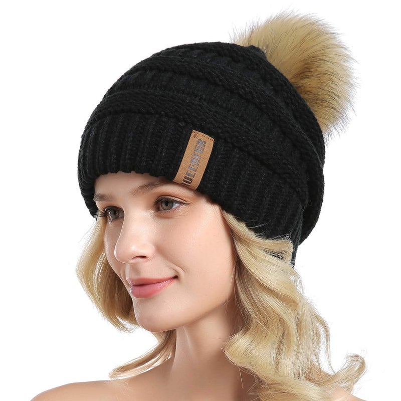 QUEENFUR Women Knit Slouchy Beanie Chunky Baggy Hat with Faux Fur Pompom Winter Soft Warm Ski Cap - Image 2